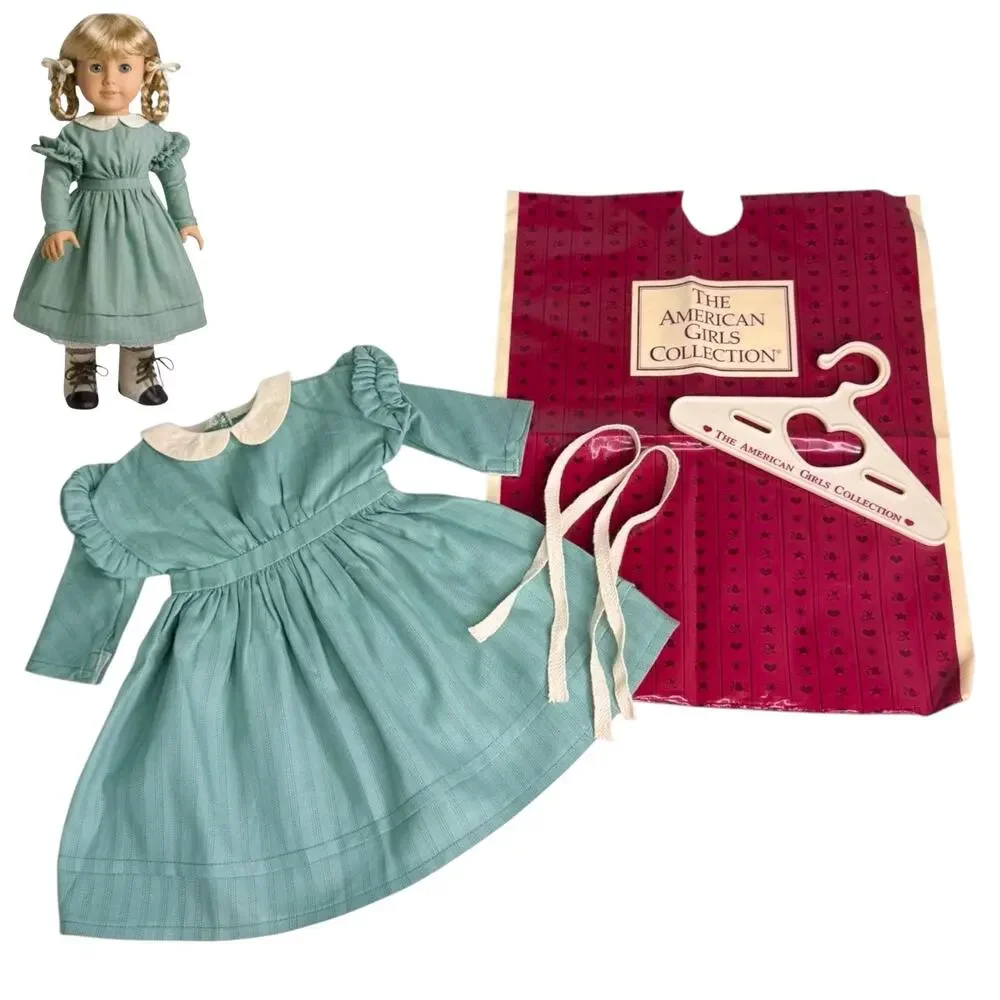 American Girl Kirsten Work Dress Green Cream Hair Ties Pleasant Co Label & Bag